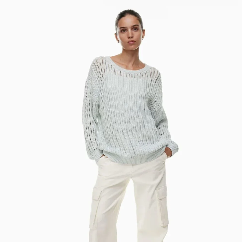 Aritzia Wilfred Free Afterglow Glacier Blue Mesh Cotton Boatneck Sweater Small - Picture 1 of 9
